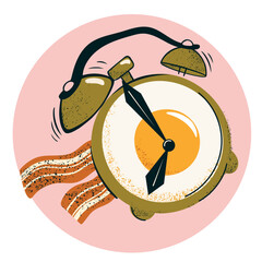 green ringing alarm clock with arrows for eight o'clock with an egg in the middle and bacon - 755555463