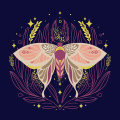 Butterfly night moth with sparkling twigs and spikelets, stars and fairy dust on dark background. Vector symmetric celestial boho print - 755555465