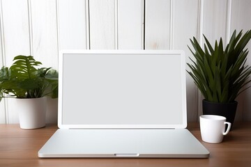 Beautiful background with a modern computer on a desk with a blank white screen for a logo, inscription or product