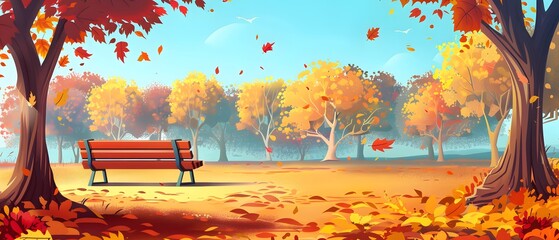 Flat illustration background a wooden bench in a park, autumn vibes.