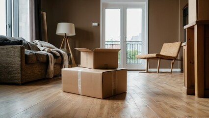 Stack of brown cardboard boxes with household belongings on floor in empty living room. Moving to new home, relocation, renovation, home staging, removals and delivery service - obrazy, fototapety, plakaty