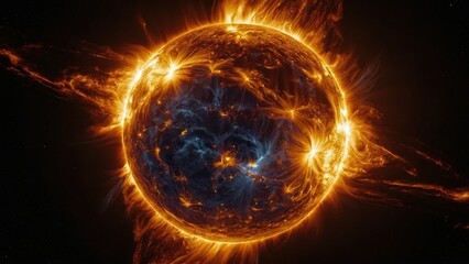 Sun solar flare particles coronal mass ejections. Burning of sun, surface solar explosion, fire flame, magnetic storm
