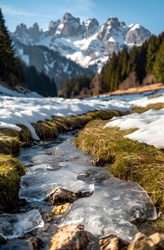Winter meets spring in a stunning alpine landscape, captured by a Canon EOS R5 during golden hour, showcasing a perfect blend of snow, greenery, and warm sunlight.