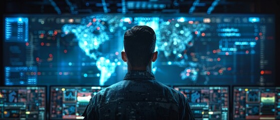 Cyber-defense tactician strategizes in a virtual war room