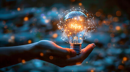 Hand held light bulb, cloud computing for global internet connection. Business global internet connection application technology, digital marketing, financial and banking, digital link tech, big data