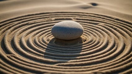 Fototapeta na wymiar Japanese zen garden with round stone in raked sand. Tranquility, mindfulness, spa relaxation, balance ripples, sand pattern