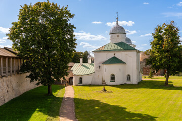Fototapeta na wymiar Izborsk, Russia, September 7, 2023. St. Nicholas Cathedral on the territory of the old fortress.