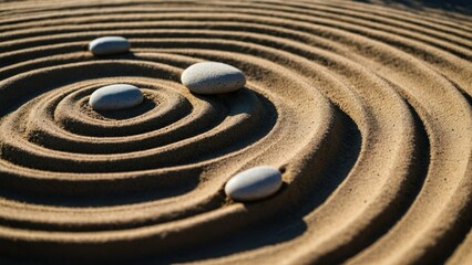 Fototapeta na wymiar Japanese zen garden with round stone in raked sand. Tranquility, mindfulness, spa relaxation, balance ripples, sand pattern