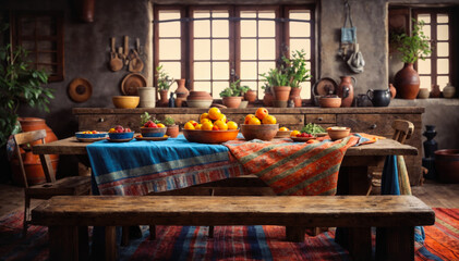 Fruits and vegetables on a wooden table in a rustic kitchen - obrazy, fototapety, plakaty