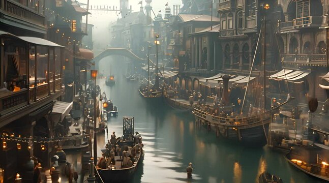 Victorian steampunk era canal with boats ready to transport passengers