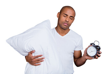Close up photo sick mad unhealthy dark skin he him his macho bald head hold clock pillow sleep and...