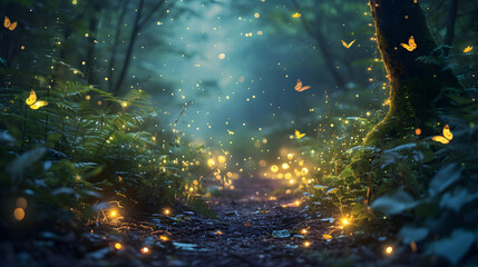 Enchanted forest scenes with fireflies illuminating the night background - obrazy, fototapety, plakaty