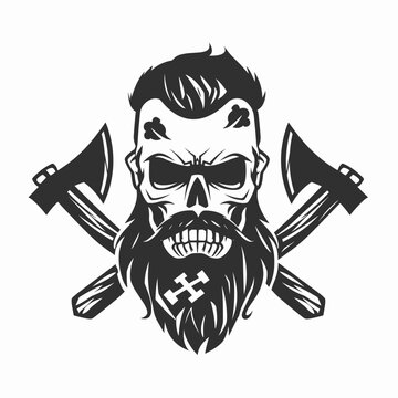 Bearded Skull with Crossed Axes in Various Styles, Svg Vector Clipart