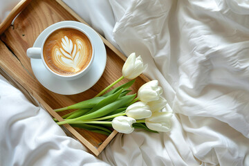 Coffee and white tulips luing on the wooden tray on a white bed background. Coffee and flowers flatlay. - obrazy, fototapety, plakaty