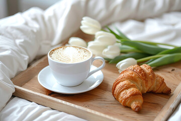 Coffee and white tulips luing on the wooden tray on a white bed background. Coffee and flowers flatlay. - obrazy, fototapety, plakaty