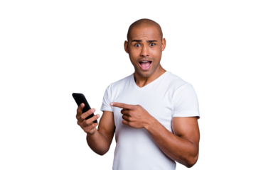 Close up photo strong healthy dark skin he him his macho bald head telephone arms amazed new android version mouth opened in delight wearing white t-shirt outfit clothes isolated grey background