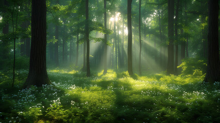 Soft light creating a dreamlike atmosphere in the forest background - obrazy, fototapety, plakaty