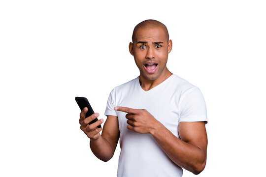 Close up photo strong healthy dark skin he him his macho bald head telephone arms amazed new android version mouth opened in delight wearing white t-shirt outfit clothes isolated grey background