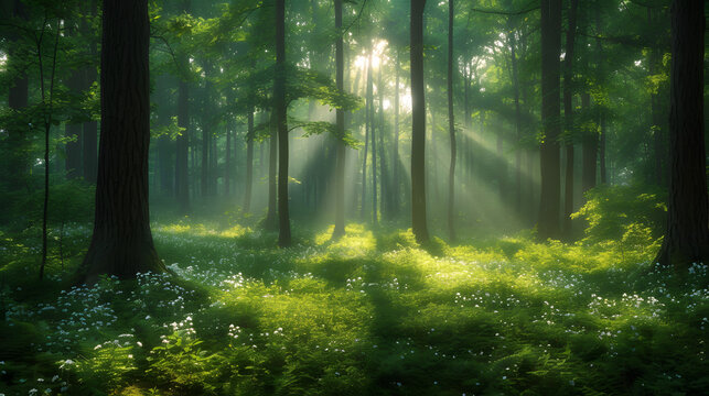 Soft light creating a dreamlike atmosphere in the forest background