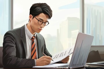 Profile of the firm's accountant for company registration, bookkeeping, asian people working with Deferred Incomes, Drawing Account, stock market, Depletion, Doubtful Debt, Equivalent Units