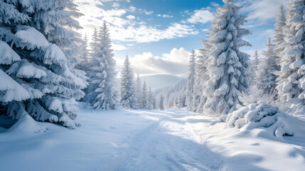 Snow-covered pine trees along the ski trails background