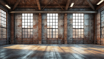 Fototapeta na wymiar 3D rendering of an old industrial interior with a large window.