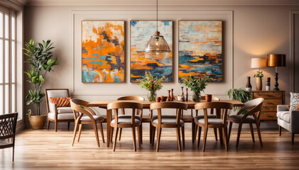 Modern dining room interior design. 3d render illustration mock up.