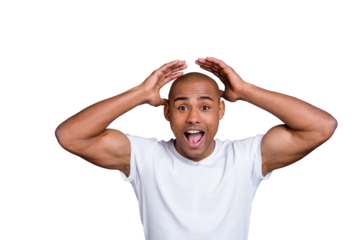 Close up photo strong healthy dark skin he him his macho bald head mouth opened yell with all voice hands arms raised wondered wearing white t-shirt outfit clothes isolated grey background
