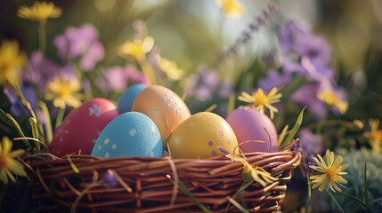 Fototapeta na wymiar Colorful easter eggs in a basket on a background of spring flowers