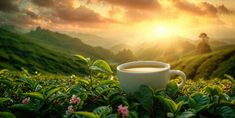 A cup of tea sits amidst a lush tea garden, with the warm glow of the sunrise enveloping the green landscape. - obrazy, fototapety, plakaty