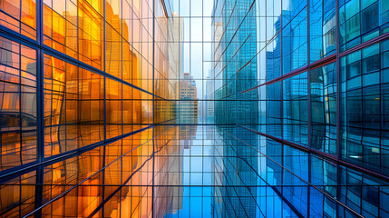 Reflections of geometric patterns in glass facades background