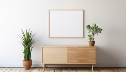 Fototapeta premium blank poster frame mockup on white wall with window with wooden chest of drawers and small green plant. 