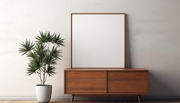 blank poster frame mockup on white wall with window with wooden chest of drawers and small green plant. 