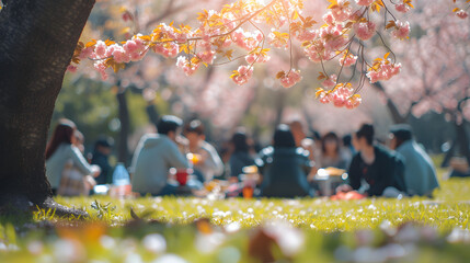 Obraz na płótnie Canvas People enjoying picnics under blooming cherry trees background