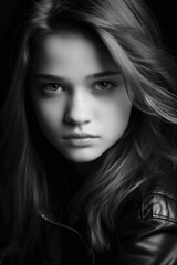 Moody and introspective black and white portrait of a young woman with a deep, contemplative expression. Created with generative A.I. technology