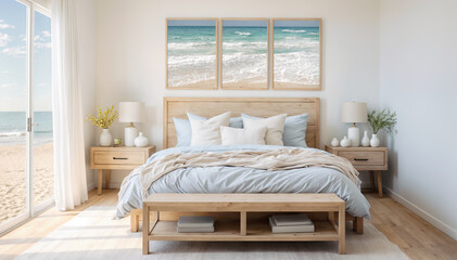Interior of modern bedroom with wooden bed and sea view. 3d rendering