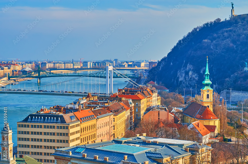 Canvas Prints Taban housing and bridges on Danube from Castle Hill, Budapest, Hungary