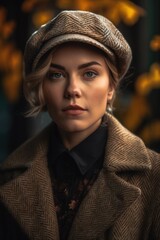 An autumn-themed portrait showing a fashionable woman with striking features wearing a classic tweed coat and cap. Created with generative A.I. technology