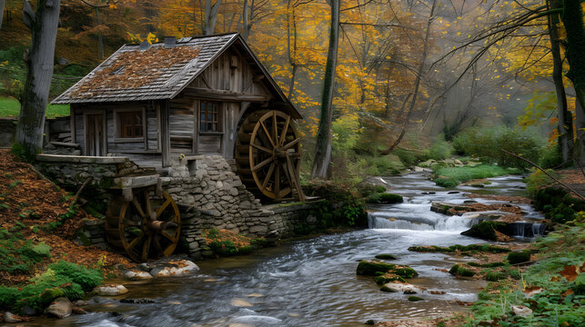 Old watermills with wooden water wheels in motion background
