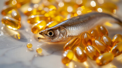 Fish oil capsules with omega 3 and vitamin.