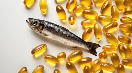 Fish oil capsules with omega 3 and vitamin.