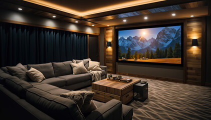 3d rendering interior of a living room with a view of the mountains