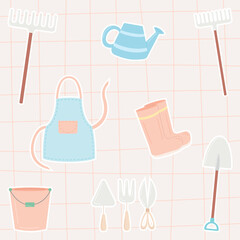 Set of stickers for planner and diaries, vector flat illustration. Cute gardening sticker pack with gardening tools. Cartoon image of spring elements. Decorations for notebook.