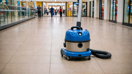 Vacuum cleaner on glossy floor of shopping mall with various shops and bright storefronts, deserted. Outdated technology for cleaning large rooms. Without worker. On blurry background. Copy space.