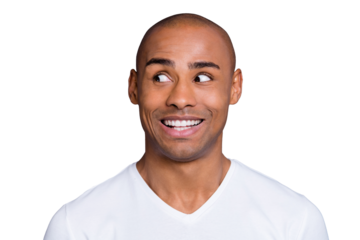 Close-up portrait of nice handsome attractive cheerful cheery funny well-groomed guy wearing white shirt looking aside plan guess peer isolated over gray pastel background