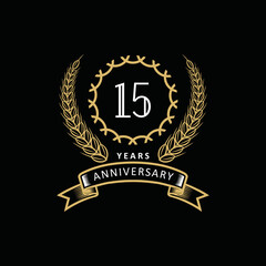 15st anniversary logo with gold and white frame and color. on black background