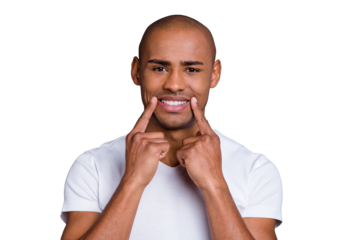 Close-up portrait of nice handsome attractive cheerful cheery well-groomed guy wearing white shirt showing healthy teeth isolated over gray violet purple pastel background