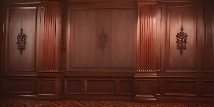 Luxury wood paneling background or texture. highly crafted classic / traditional wood paneling, with a frame pattern, often seen in courtrooms, premium hotels, and law offices. 4K Video