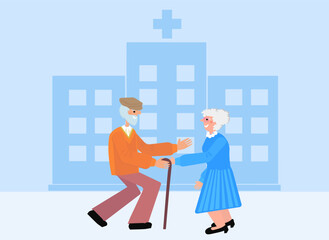 A tender moment as an elderly couple supports each other outside a healthcare facility, highlighting compassion in senior care.