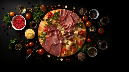 Italian food panorama. Pizza, pasta, cheese, ham c